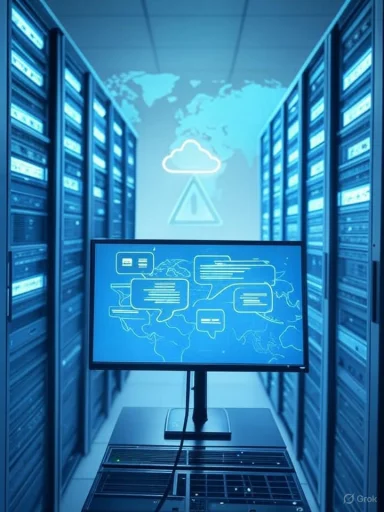 Blue data-center racks frame a monitor showing a world map with chat bubbles and a cloud icon.
