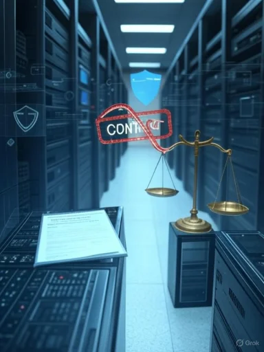 Data center with scales of justice and a compliance stamp, symbolizing data privacy.