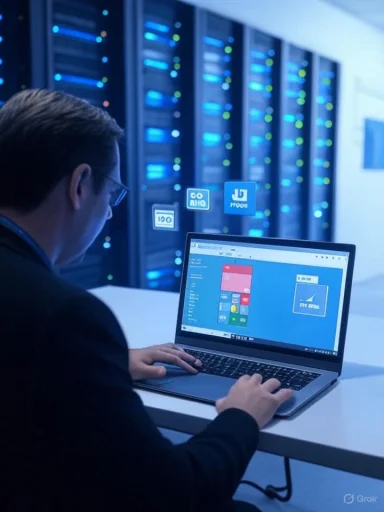 A technician uses a laptop in a blue-lit data center beside rows of server racks.