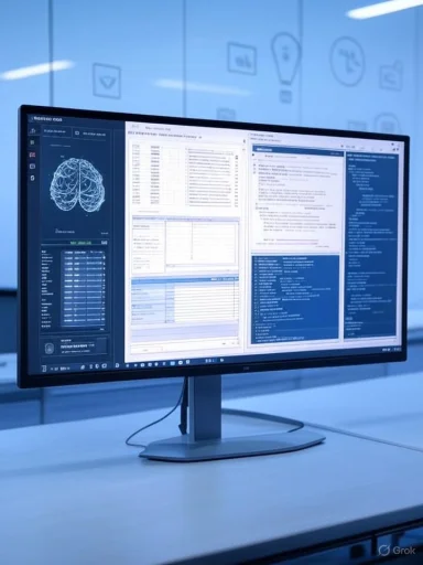 A computer monitor on a desk displays multiple windows with a brain diagram.