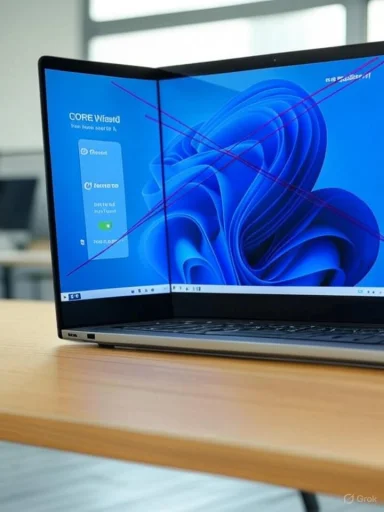 A foldable dual-screen laptop open on a wooden desk, displaying Windows on both panels.