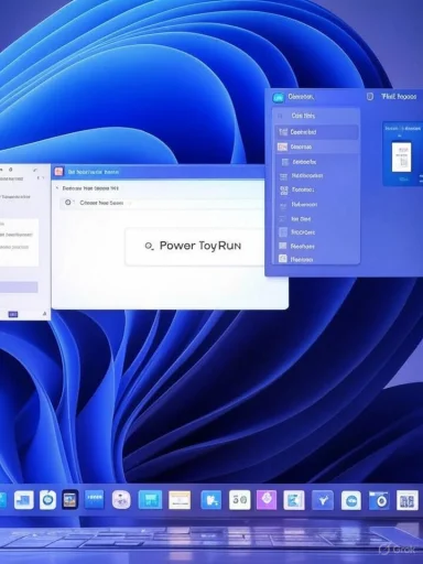 Blue abstract wallpaper with multiple overlapping windows on a computer desktop.