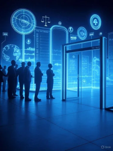 People stand in a blue-lit futuristic exhibit, watching glowing holographic data displays.