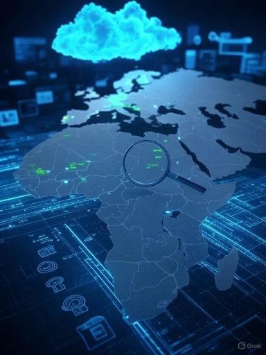 Blue digital map of Africa and Europe with a glowing cloud above and a magnifying glass highlighting the region.