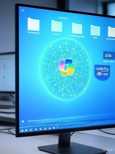 A computer monitor on a desk displays a vivid blue desktop with a circular network graphic and colorful logo.