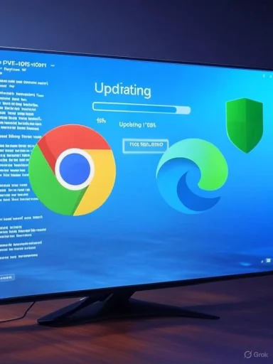 Monitor showing a Windows update screen with Chrome and Edge logos. Monitor showing a Windows update screen with Chrome and Edge logos.