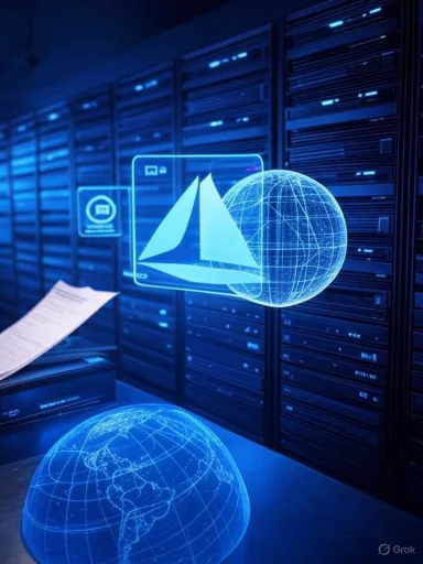 Blue holographic globe and sailboat hover above server racks in a data center.