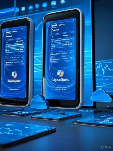 Blue futuristic smartphones on stands display cloud-based studio interfaces.