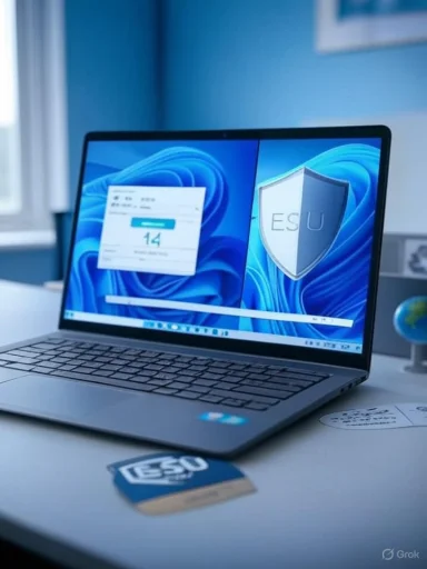A sleek laptop on a blue desk displays a shield icon labeled ESU on its screen.