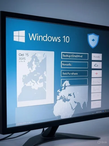 Windows 10 desktop mockup on a monitor with a blue background and tile panels.