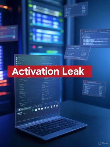 Laptop in a server room shows code with a bold 'Activation Leak' banner.