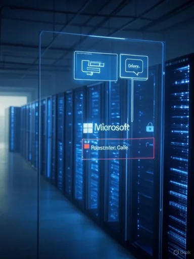 Blue-lit data center with rows of servers and a holographic Microsoft interface.