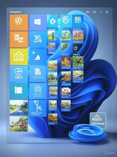 A Windows 11 desktop featuring colorful live tiles on a blue abstract wallpaper.