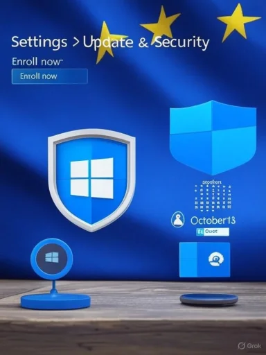 Blue Windows-style wallpaper with security shields and a Settings > Update & Security banner.