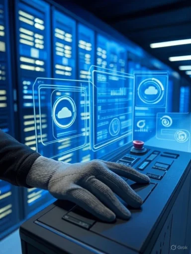 A gloved technician operates a futuristic touchscreen console in a blue-lit data center.