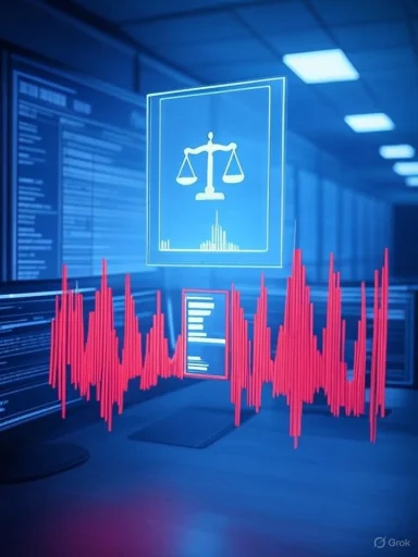 A blue-lit lab with a floating holographic scales of justice icon above red sound wave graphs.
