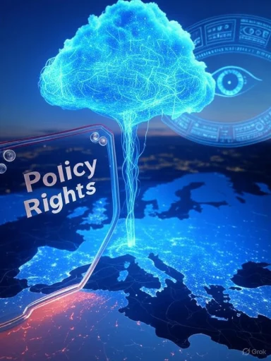 A glowing blue cloud labeled 'Policy Rights' hovers above a lit map of Europe.