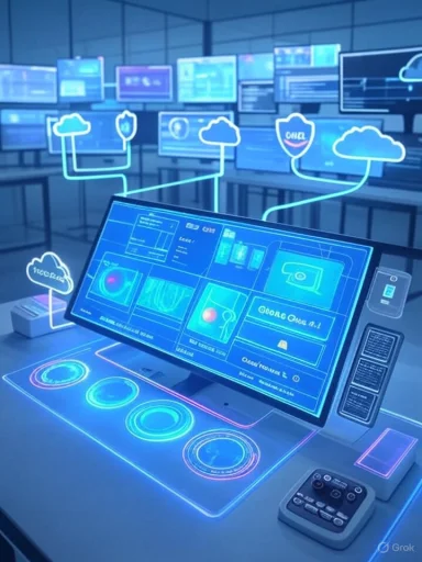 A futuristic control room with neon-blue holographic displays and cloud-network lines.