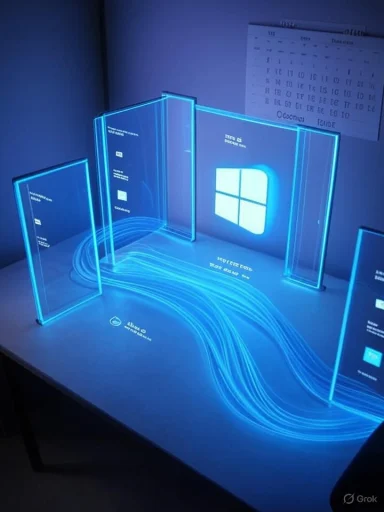 Blue neon acrylic display of Windows panels with flowing light trails on a curved desk.