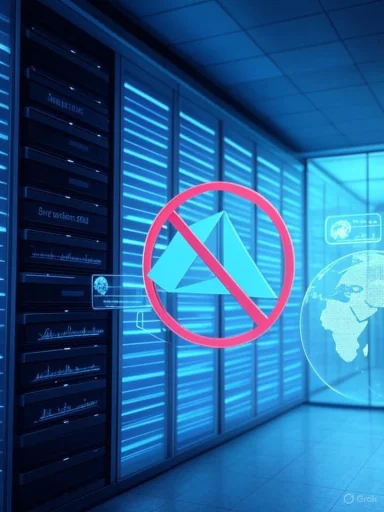 Data center scene showing a large red no-AirDrop symbol over the AirDrop logo.