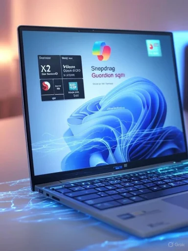 A sleek laptop shows a blue abstract wallpaper with a colorful logo on the screen.