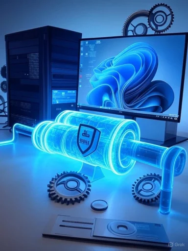 A glowing blue holographic engine with gears sits in a computer lab beside a monitor. A glowing blue holographic engine with gears sits in a computer lab beside a monitor.