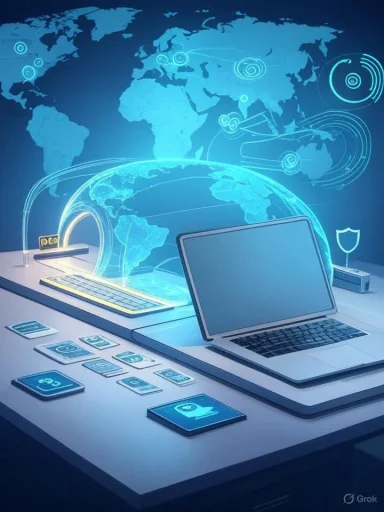 Futuristic workspace with a glowing holographic world map, laptop, and connected devices.