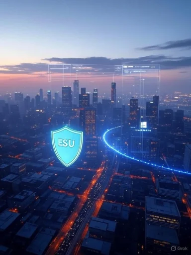 Futuristic city skyline at dusk with a glowing ESU shield and neon blue rings.
