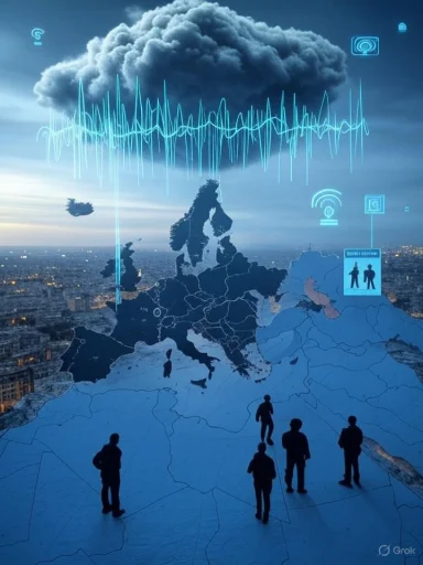 Blue digital map of Europe with data waves and people standing on a city skyline.
