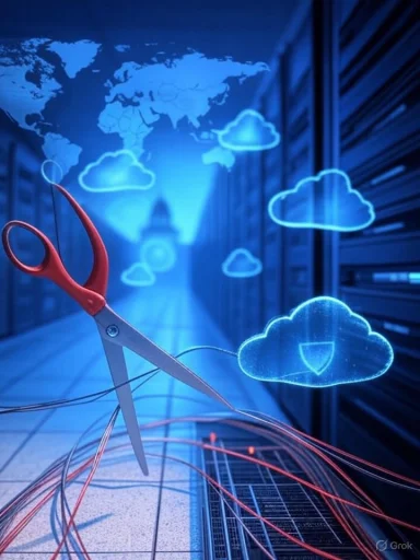 Scissors cut network cables amid glowing cloud icons in a data center.