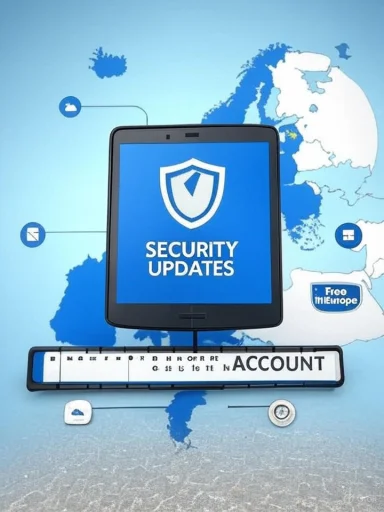 A tablet shows “Security Updates” with a shield icon over a world map.