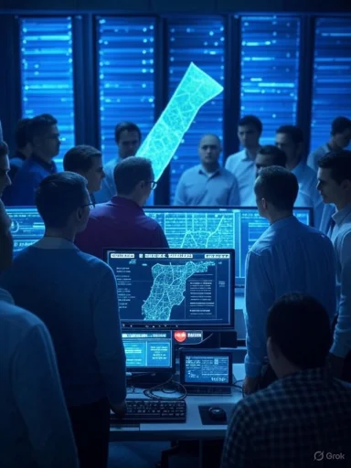 A team of analysts watches a blue-lit holographic map over computer screens in a data center.