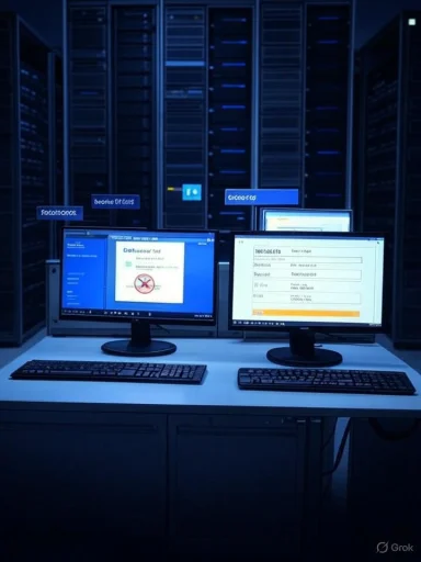 Dim blue-lit data center with rows of server racks and two monitors on a desk.