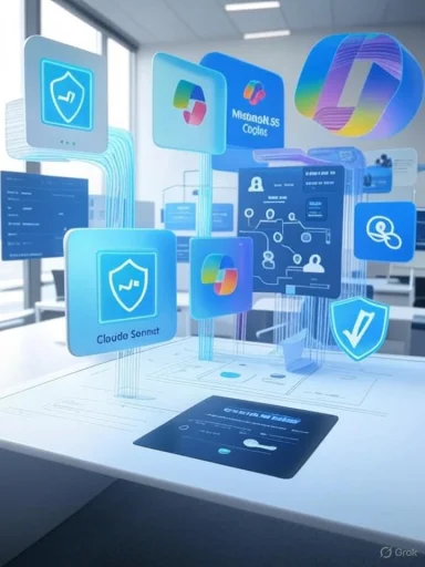 A futuristic holographic dashboard with floating blue icons and charts above a desk.