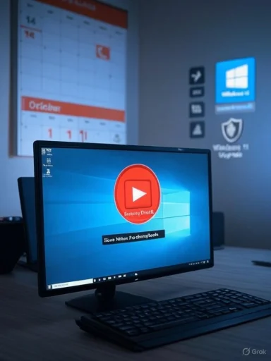 A desktop monitor on a desk shows a large red circular play icon on a Windows background.