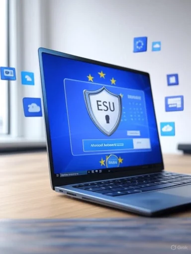 Laptop screen shows a blue EU-themed security shield labeled ESU.