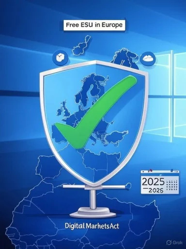 EU Digital Markets Act shields Europe with a green checkmark.