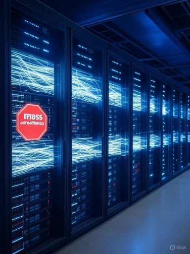 Blue-lit data center rows of server racks with a red stop-sign on the glass panel.