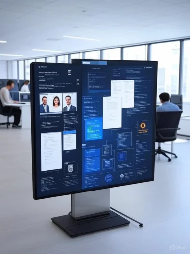 A large digital display board shows documents and portraits in a bright, modern office.
