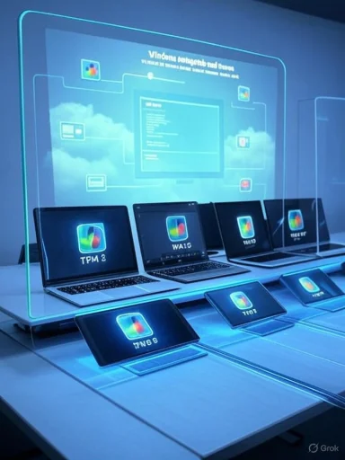 Futuristic display featuring Windows laptops and tablets in a blue-lit showroom.