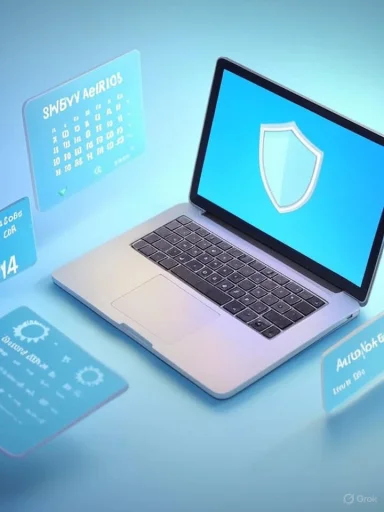 Laptop with a shield icon on the screen, surrounded by floating blue security cards.
