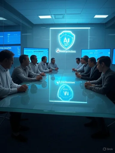 Professionals sit around a glass conference table as a glowing AI shield lights the wall.
