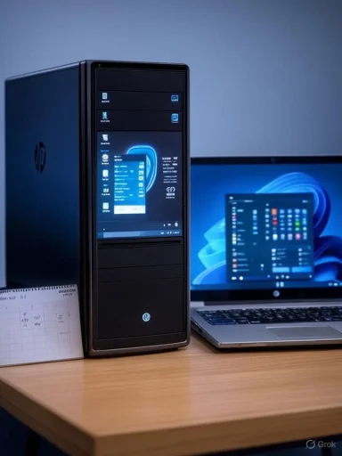 A black desktop tower with a blue glow sits beside a laptop on a wooden desk.