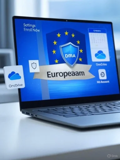 Laptop screen shows an EU DMA shield with a banner and cloud icons.