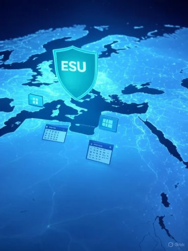 Blue holographic map of Europe with a large ESU shield and floating icons.