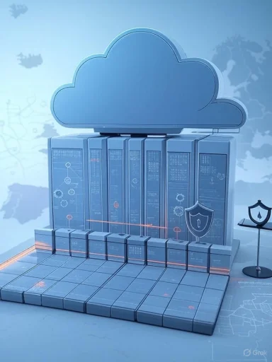 Blue cloud computing data center with stacked servers and a shield emblem.