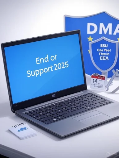 Laptop displays “End of Support 2025” with a blue shield logo in the background.