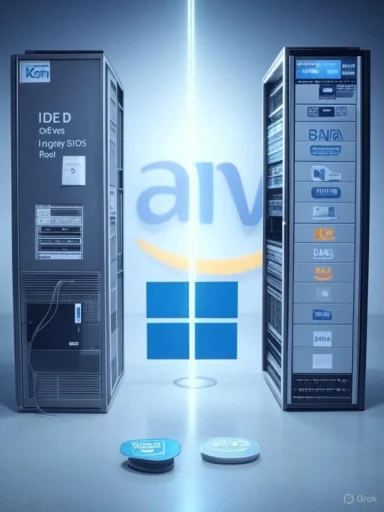 Two server racks flank a bright vertical beam, with a Windows logo glowing between them.