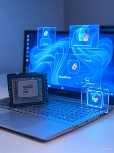 A futuristic laptop displays floating holographic app icons with a CPU chip resting on the keyboard.