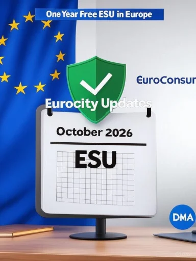 An ESU calendar sign for October 2026 with a green shield and EU flag backdrop.